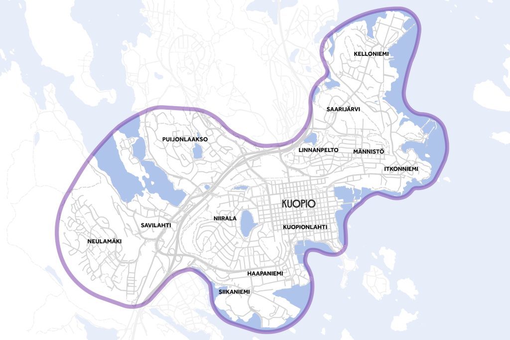 Karttakuva Kuopion keskeisestä kaupunkialueesta.